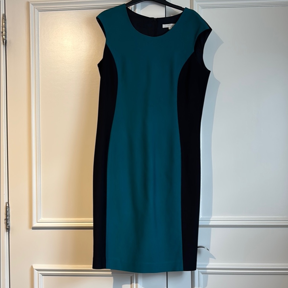 Teal & Black Sleeveless Sheath Midi Dress (matching blazer available separately)